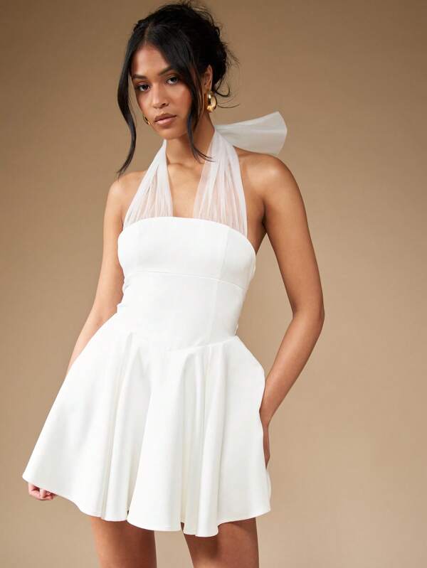 missguided MISSGUIDED Mesh Halter Bow Tie Full Mini Dress Cute Sundress