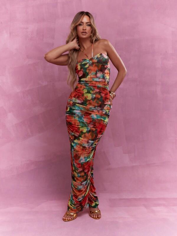 missguided MISSGUIDED Mesh Halter Neck Ruched Maxi Dress