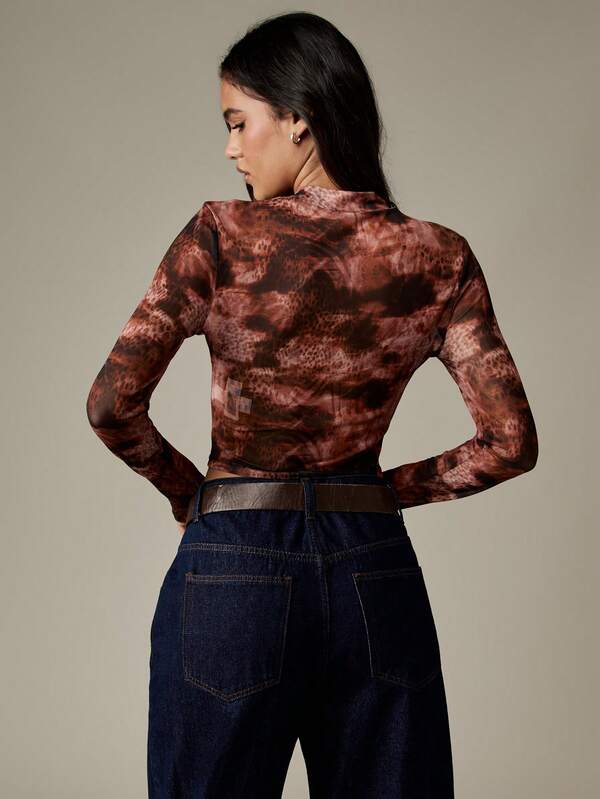 Missguided MISSGUIDED Mesh High Neck Long Sleeve Top