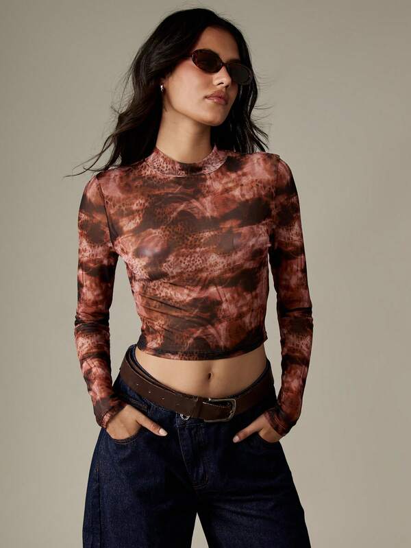 missguided MISSGUIDED Mesh High Neck Long Sleeve Top