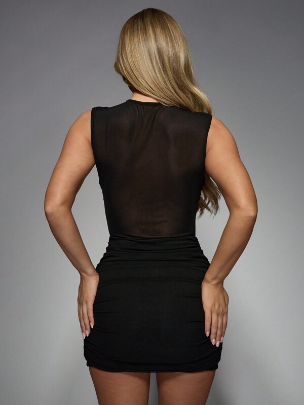 Missguided MISSGUIDED Mesh Insert Ruched Bodycon Little Black Mini Dress