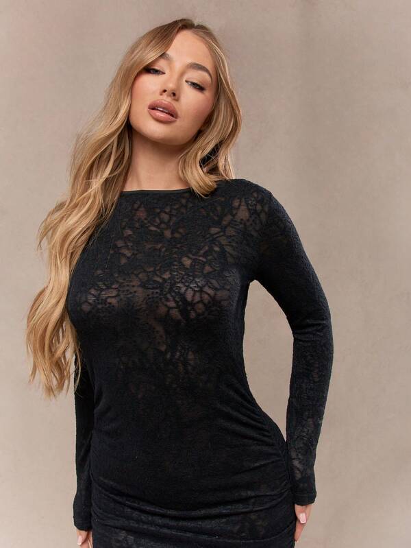 Missguided MISSGUIDED Mesh Lace Scoop Back Long Sleeves Ruched Waist Flare Hem Maxi Skirt