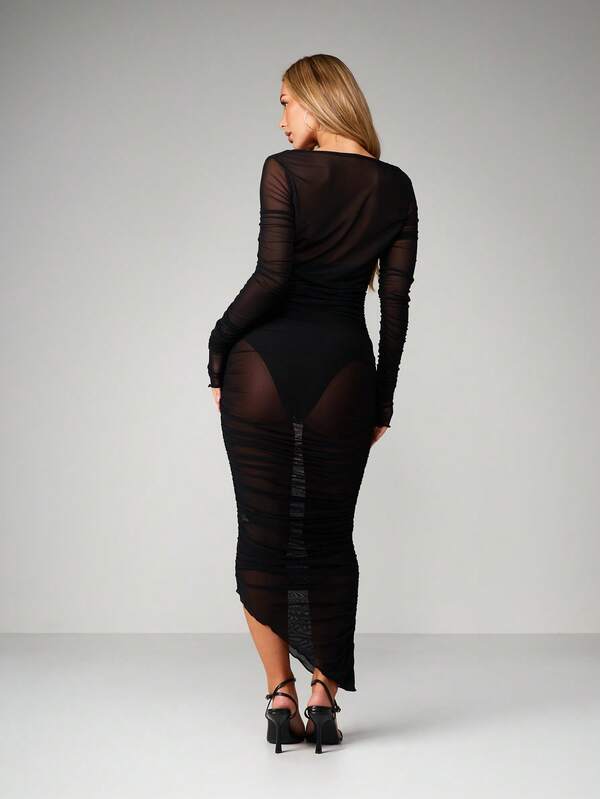 Missguided MISSGUIDED Mesh Long Sleeve Midaxi Bodycon Dress