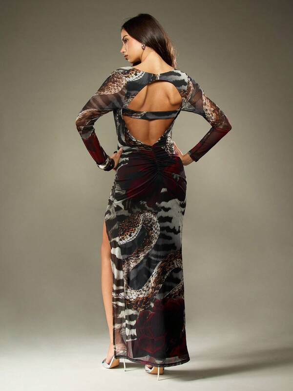 Missguided MISSGUIDED Mesh Long Sleeve Snake Print Maxi Dress With Cut Outs