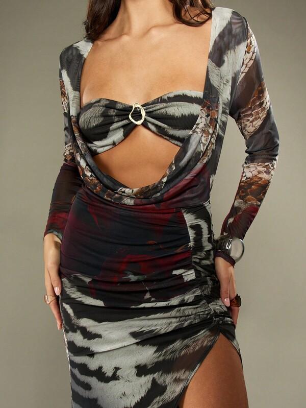 Missguided MISSGUIDED Mesh Long Sleeve Snake Print Maxi Dress With Cut Outs