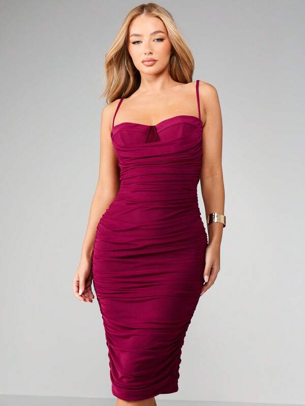 Missguided MISSGUIDED Mesh Overlay Ruched Sweetheart Midi Dress