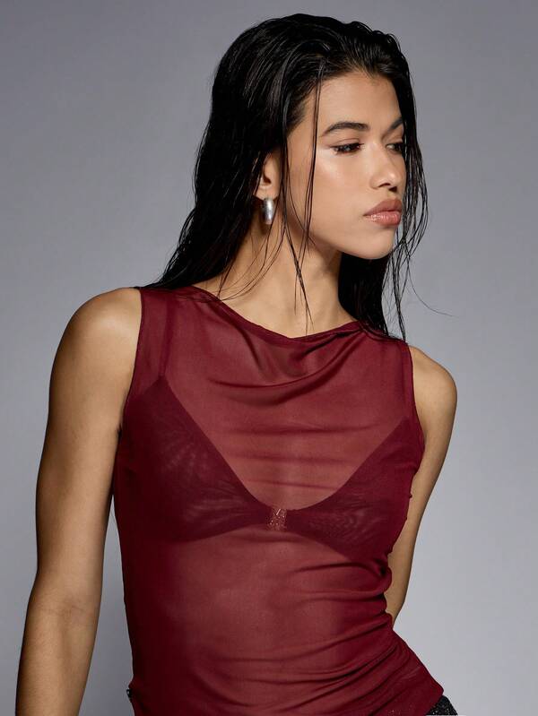 Missguided MISSGUIDED Mesh Overlay Sleeveless Tank Top With Fitted Design