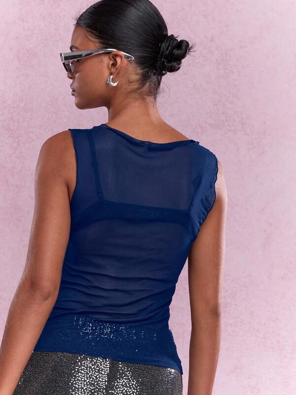 Missguided MISSGUIDED Mesh Overlay Tank Top With Sheer Layer Detail