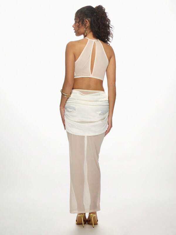 Missguided MISSGUIDED Mesh Panel Draped Satin Two-Piece Crop Top Maxi Skirt Set