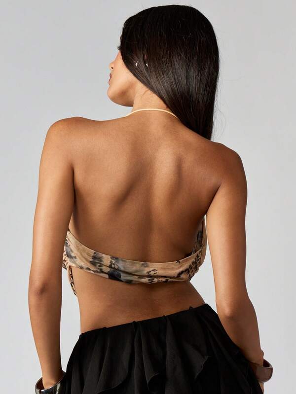Missguided MISSGUIDED Mesh Printed Cowl Neck Cropped Cami