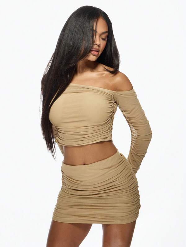 missguided MISSGUIDED Mesh Ruched Two-Piece Crop Top Skirt Set