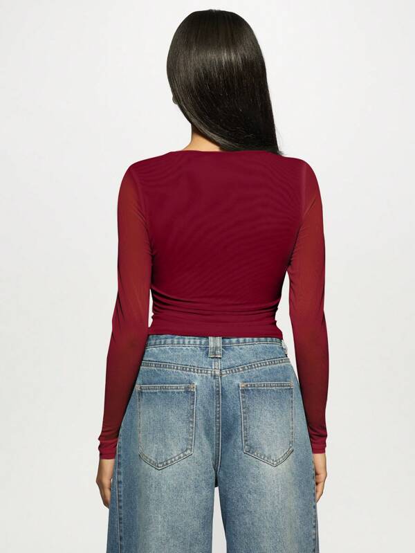 Missguided MISSGUIDED Mesh Sleeve Sparkly Slim Fit Crop Top