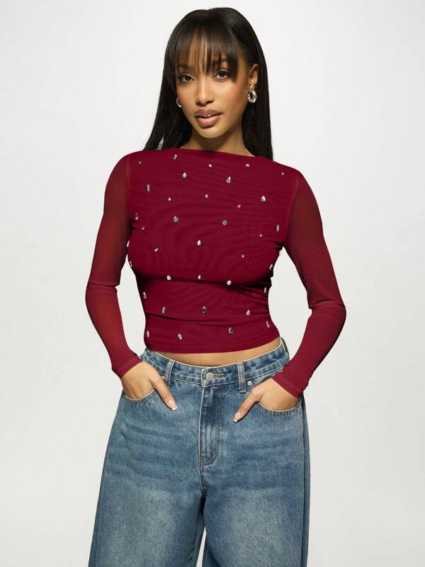 missguided MISSGUIDED Mesh Sleeve Sparkly Slim Fit Crop Top