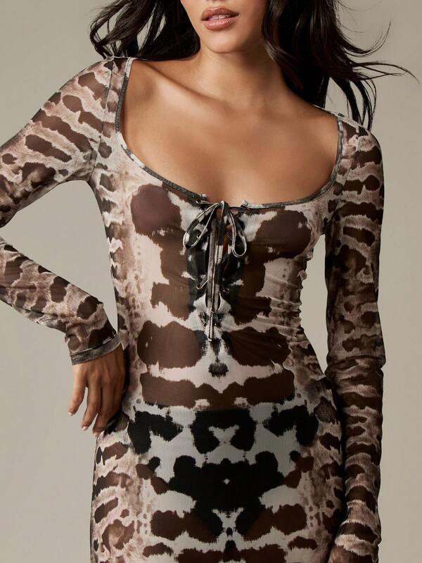 Missguided MISSGUIDED Mesh Tie Dye Print Maxi Dress With Lace Up Front