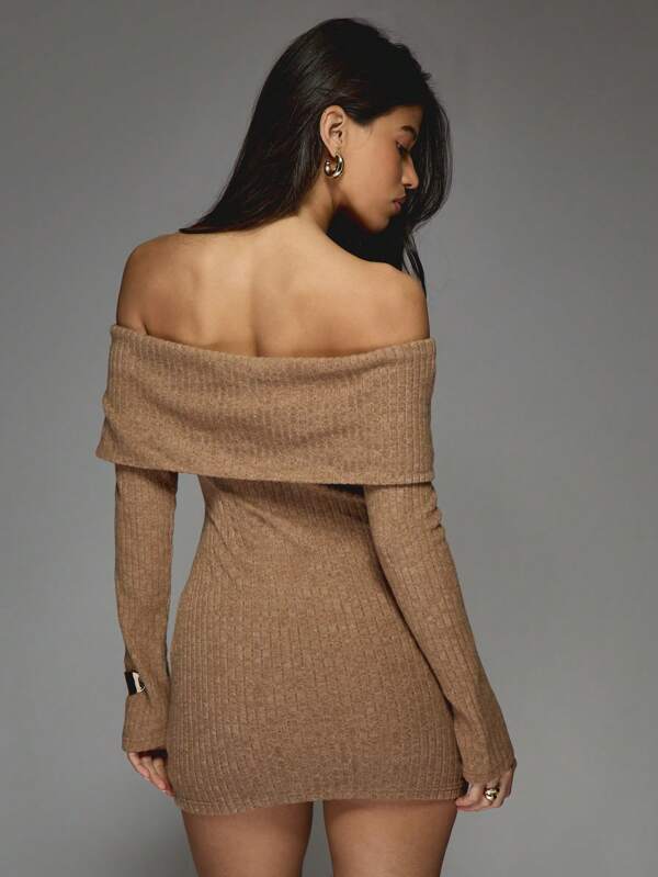 Missguided MISSGUIDED Metal Detail Rib Knit Flap Off-Shoulder Long Sleeves Bodycon Mini Dress