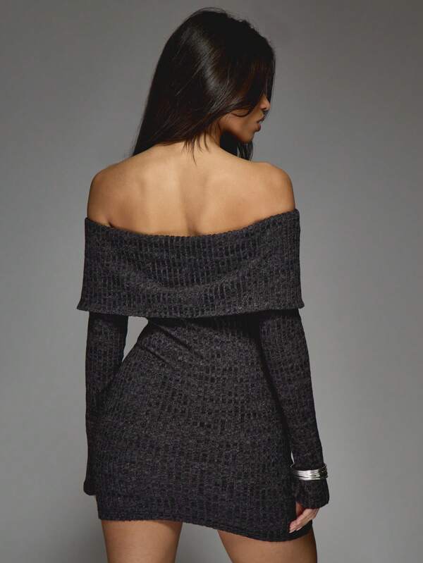 Missguided MISSGUIDED Metal Detail Rib Knit Flap Off-Shoulder Long Sleeves Bodycon Mini Dress