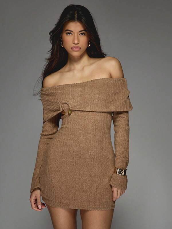 missguided MISSGUIDED Metal Detail Rib Knit Flap Off-Shoulder Long Sleeves Bodycon Mini Dress