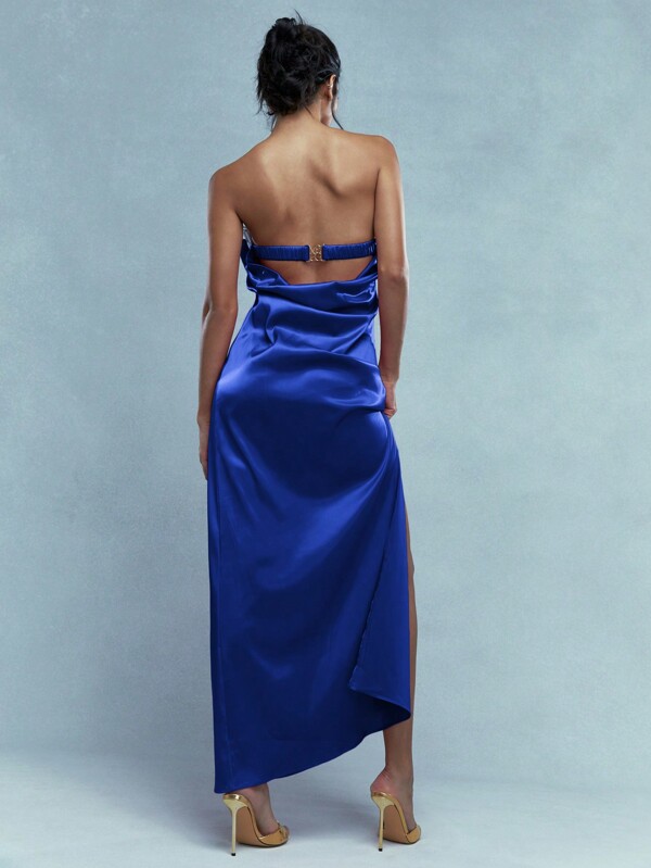 Missguided MISSGUIDED Metal Logo Clasp Back With Cowl Back Satin Bandeau Maxi Dress