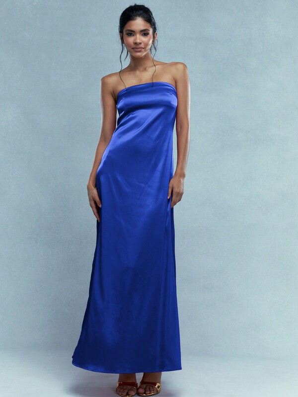 Missguided MISSGUIDED Metal Logo Clasp Back With Cowl Back Satin Bandeau Maxi Dress