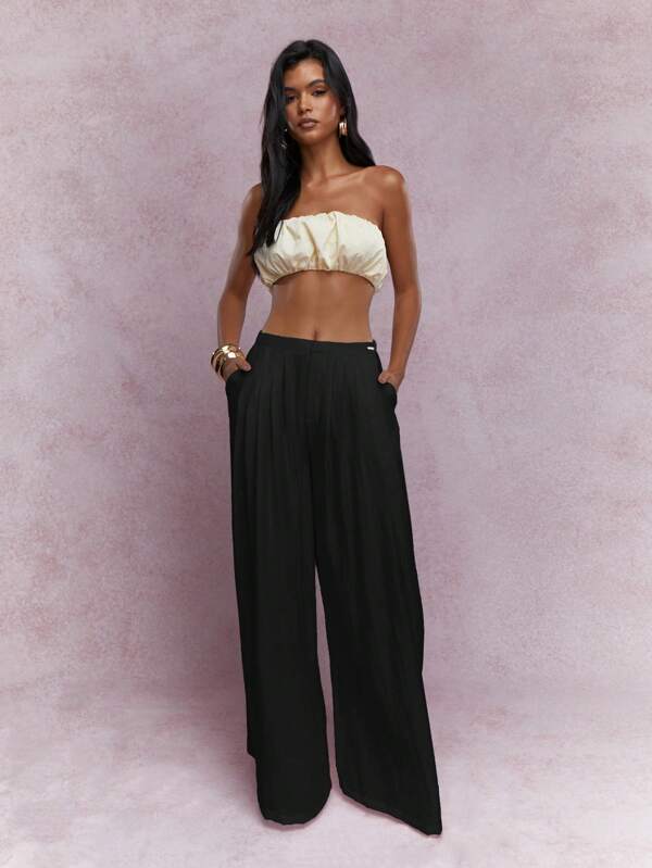 Missguided MISSGUIDED Metal Logo Label Pleated Wide Leg Pants Business Casual Outfit