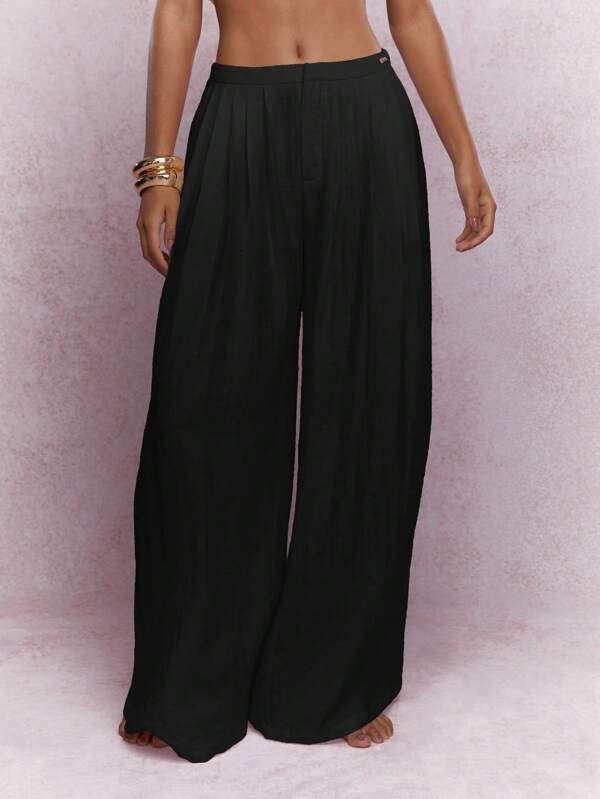 missguided MISSGUIDED Metal Logo Label Pleated Wide Leg Pants Business Casual Outfit