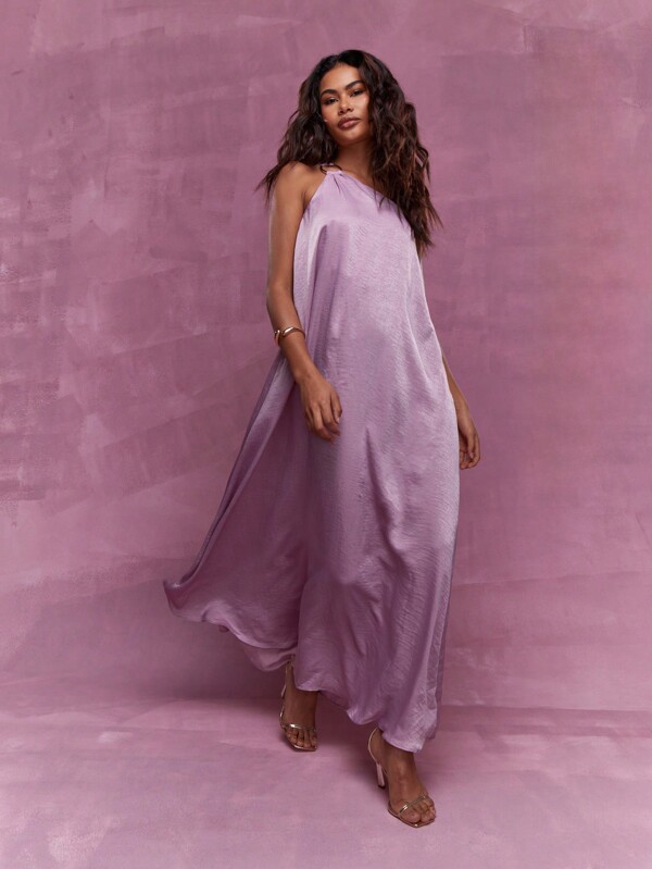 missguided MISSGUIDED Metal Ring Detail Satin Flowy One Shoulder Maxi Dress