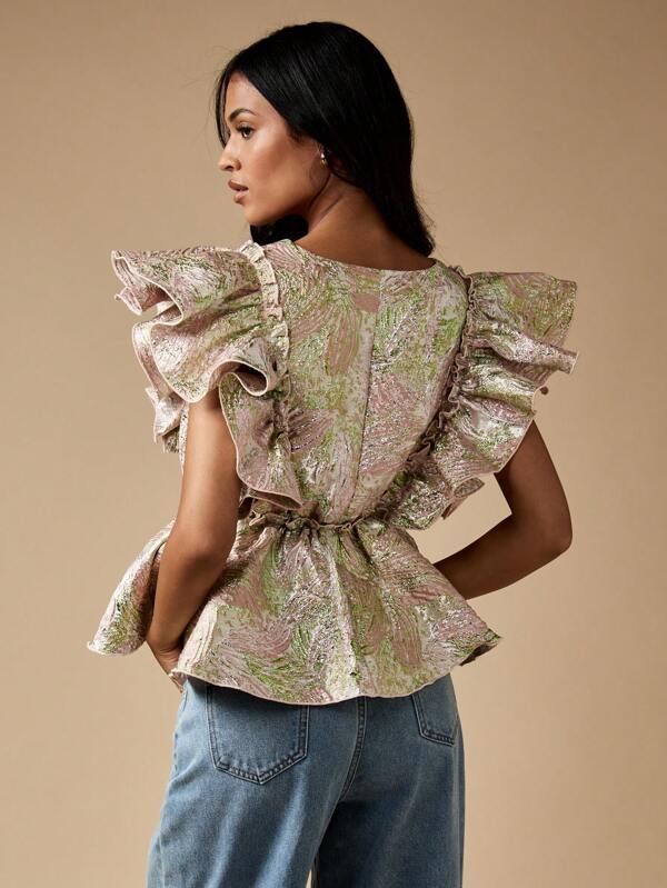 Missguided MISSGUIDED Metallic Brocade Plunge Neck Top With Ruffle Details