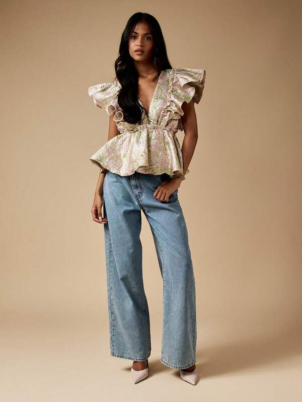 Missguided MISSGUIDED Metallic Brocade Plunge Neck Top With Ruffle Details