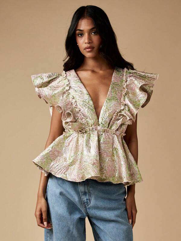 Missguided MISSGUIDED Metallic Brocade Plunge Neck Top With Ruffle Details