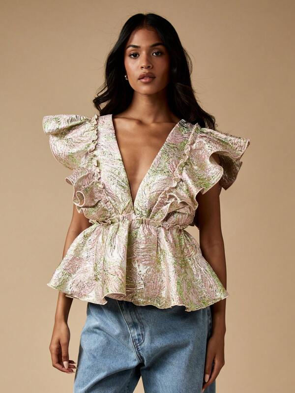 missguided MISSGUIDED Metallic Brocade Plunge Neck Top With Ruffle Details