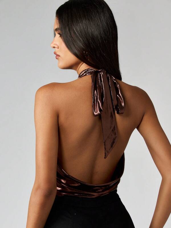 Missguided MISSGUIDED Metallic Cowl Neck Halter Top