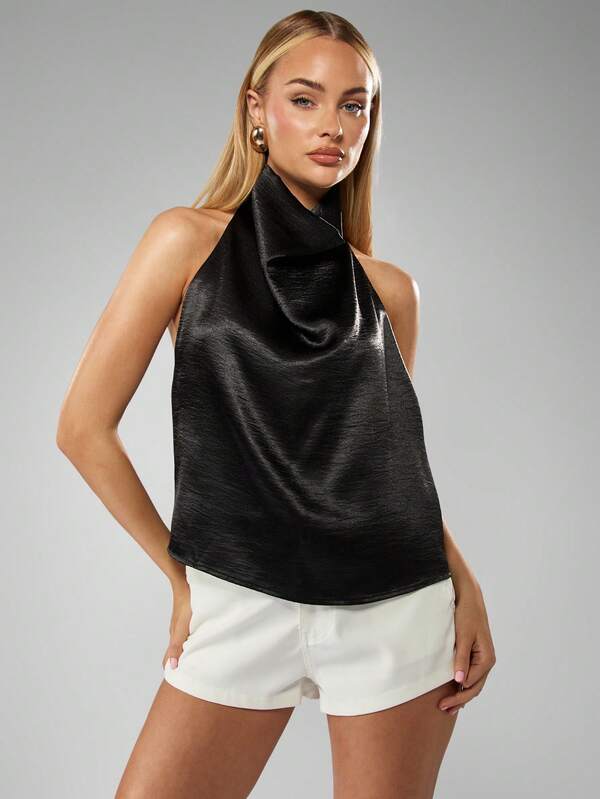 missguided MISSGUIDED Metallic Cowl Neck Halter Top