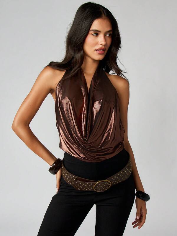 missguided MISSGUIDED Metallic Cowl Neck Halter Top
