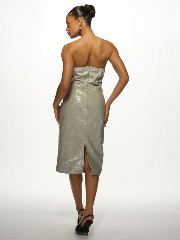 Missguided MISSGUIDED Metallic Crocodile Print Strapless Deep V-Plunge Bodycon Midi Dress