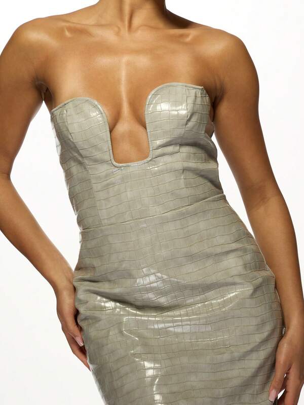 Missguided MISSGUIDED Metallic Crocodile Print Strapless Deep V-Plunge Bodycon Midi Dress