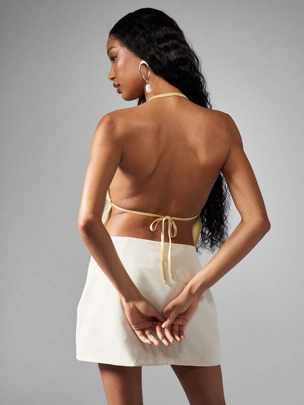 Missguided MISSGUIDED Metallic Halter Crop Top Tie Front Bustier Style Backless Cami
