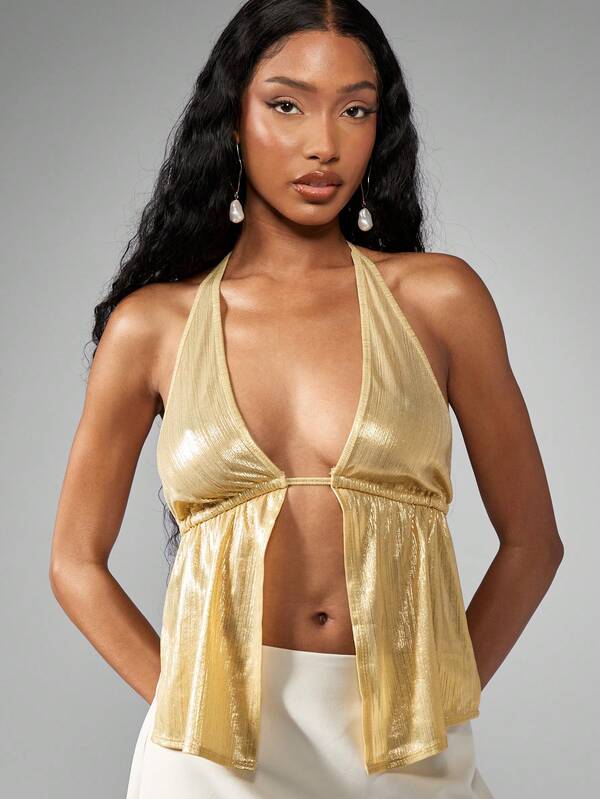 Missguided MISSGUIDED Metallic Halter Crop Top Tie Front Bustier Style Backless Cami