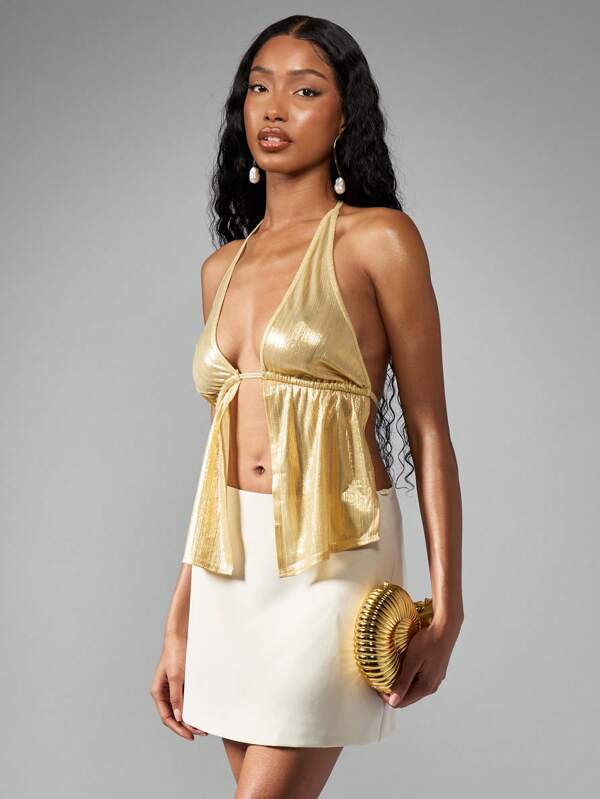 missguided MISSGUIDED Metallic Halter Crop Top Tie Front Bustier Style Backless Cami