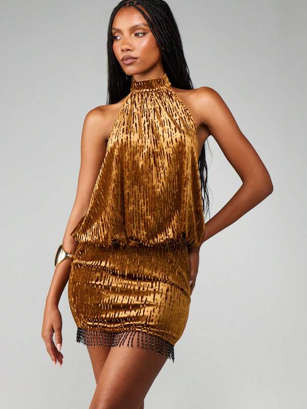 missguided MISSGUIDED Metallic Halter Neck Mini Dress With Fringe