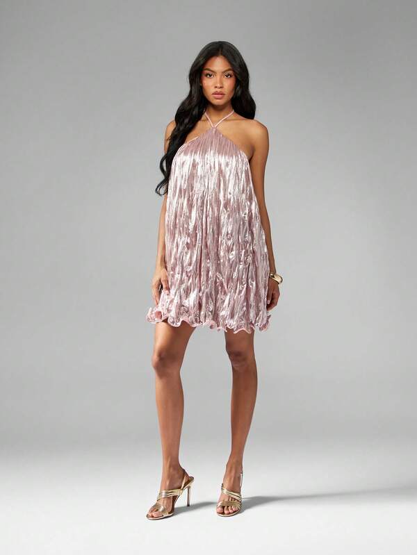 Missguided MISSGUIDED Metallic Pleated Mini Dress With Halter Neck And Ruffle Hem