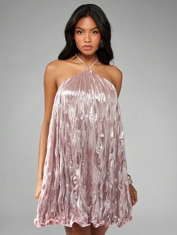 Missguided MISSGUIDED Metallic Pleated Mini Dress With Halter Neck And Ruffle Hem