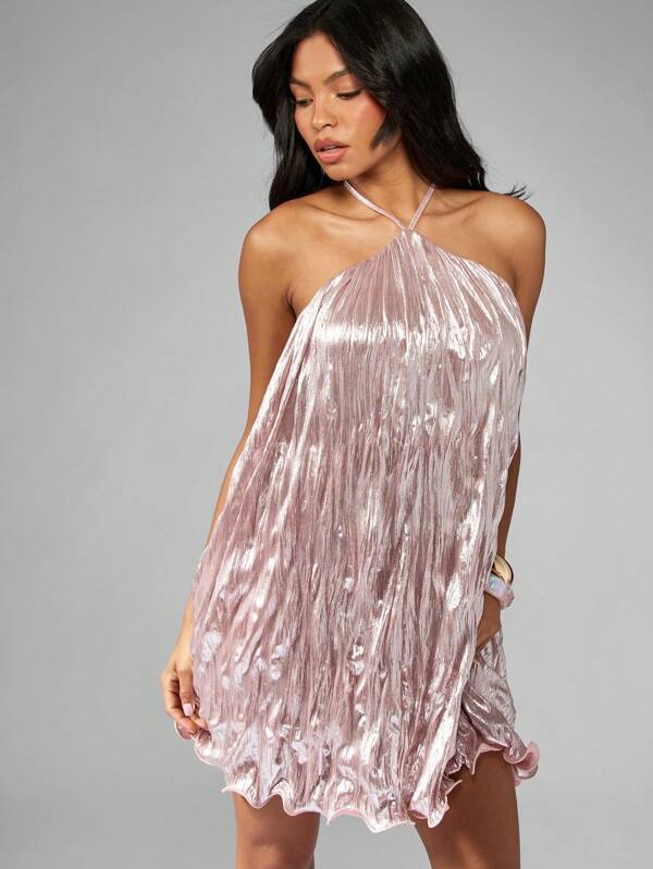 missguided MISSGUIDED Metallic Pleated Mini Dress With Halter Neck And Ruffle Hem