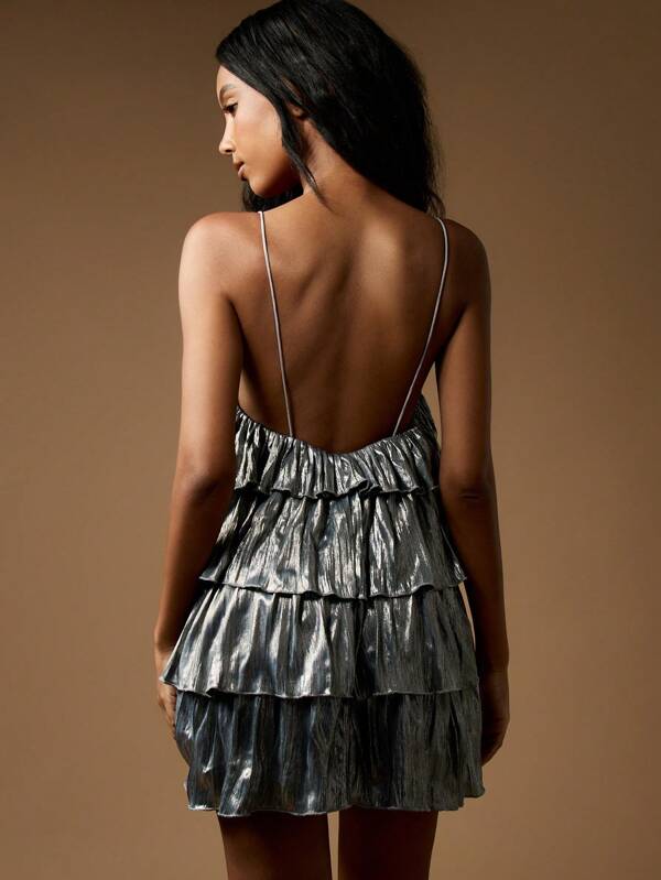 Missguided MISSGUIDED Metallic Plisse Mini Dress With Tiered Ruffles And Spaghetti Straps