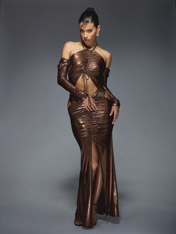 missguided MISSGUIDED Metallic Ruched Maxi Dress With Cut Out Design And Long Sleeves
