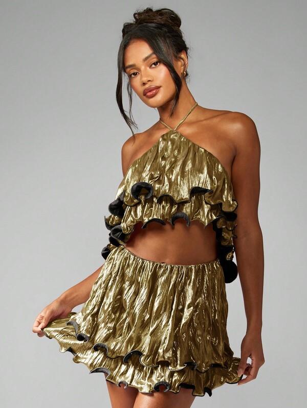 Missguided MISSGUIDED Metallic Ruffle Layered Halter Top And Mini Skirt Set