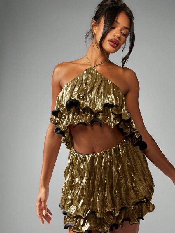 missguided MISSGUIDED Metallic Ruffle Layered Halter Top And Mini Skirt Set
