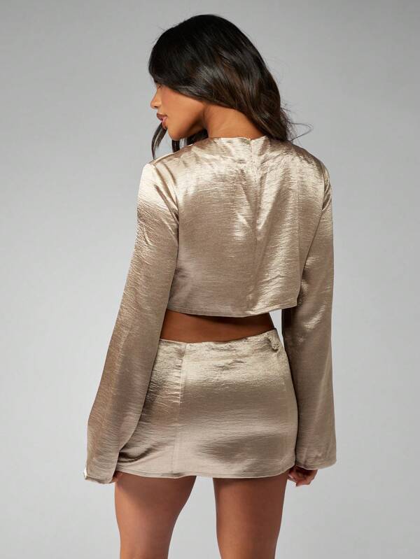 Missguided MISSGUIDED Metallic Satin Bell Sleeve Crop Top And Mini Skirt Set
