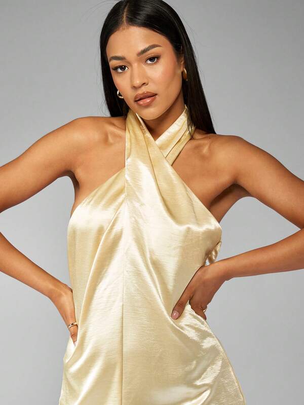 Missguided MISSGUIDED Metallic Satin Halter Neck Asymmetric Hem Short Dress