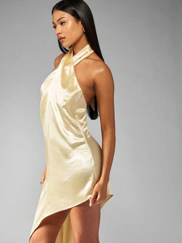 Missguided MISSGUIDED Metallic Satin Halter Neck Asymmetric Hem Short Dress