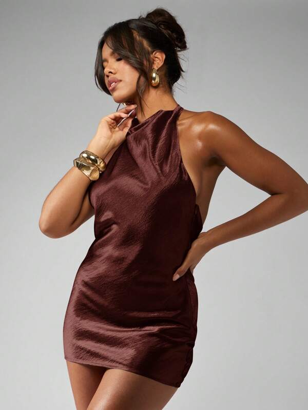 missguided MISSGUIDED Metallic Satin Halter Neck Backless Mini Dress
